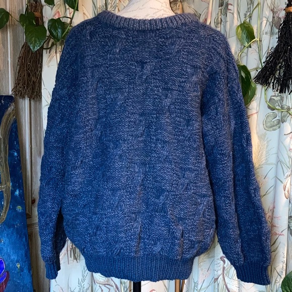 Handmade Chunky Heavyweight Blue Knit Crewneck Sweater Mens Unisex - Picture 2 of 7